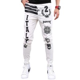 Broek Mannen Elastisch Rip Strakke Fiets Borduren Cartoon Print Trim Hoge Kwaliteit Hip Hop Casual Broek Zwarte Broek Mannen streetwear