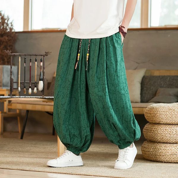 Pantalones hombres japonés kimono hombre tradicional lino de algodón wideleg samurai casual hip hop yukata pantalones 240506