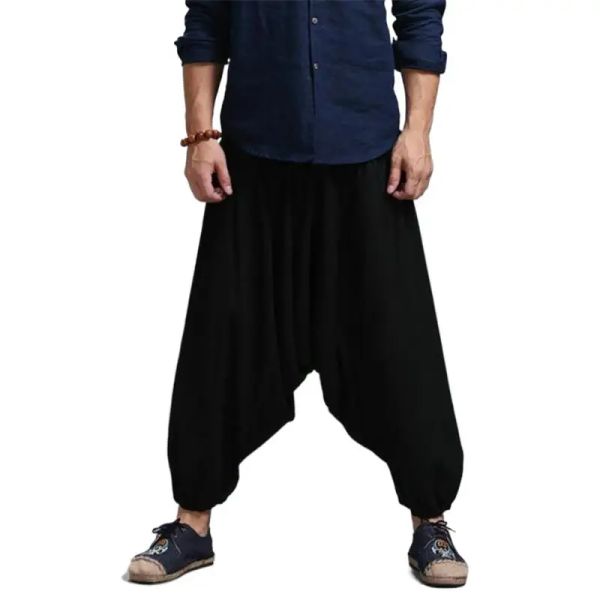 Pantalons Hommes Joggers Coton Indien Sarouel Boho Grand Entrejambe Pantalon Baggy Lin Confortable Taille Élastique Pantalon Plissé Grande Taille 5XL