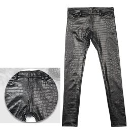 Pants Hommes Crayon Pantalon 3 D Intaglio Impression Crocodile Grain Leggings Mode Brillant PU Cuir Pantalons Décontractés Skinny Moto Pantalon