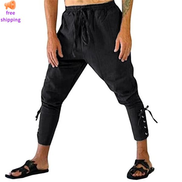 Pantalones Pantalones con banda en el tobillo para hombre Pantalones de disfraz de pirata vikingo medieval Pantalones góticos renacentistas Rendimiento de baile de cosplay