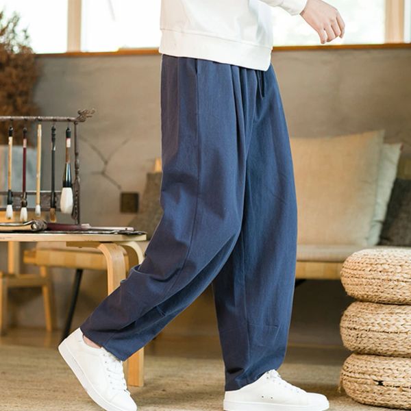 Pantalon Pantalon Kung Fu de Style Chinois pour Hommes Pantalon Baggy Pantalon à Jambes Larges Mélange de Lin en Coton Taille élastique Pantalon Sarouel décontracté ample