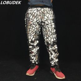 Pantalon Homme Paillettes Argent Laser Miroir Pantalons Décontractés Hip Hop Danseur Performance Sur Scène Pantalon Brillant Bar Chanteur Sarouel Élastique