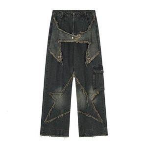 Pantalon pour hommes Hi Street Ripped Vintage Lignet Pantalon Star Pattern Streetwear Straight Denim For Male Loose 230328 Wear