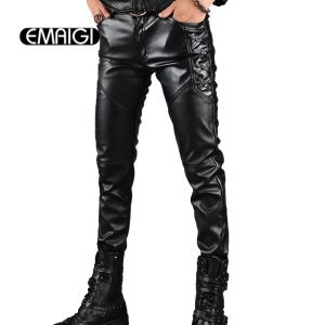 Broek heren lederen broek mannen mode casual pant man man slanke fit pu lederen locomotief broek punk rock podium show kleding