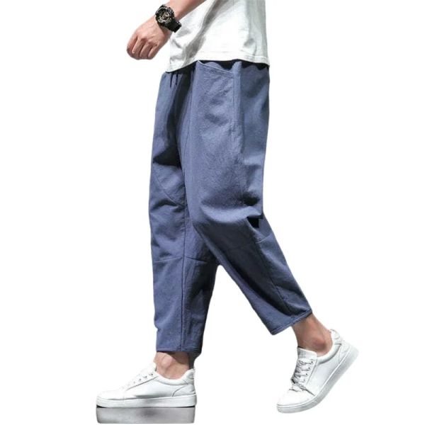 Pantalon de lin pour hommes jeunes à rayures à rayures décontractées en coton lin large jambes harem pantalon neuvième pantalon