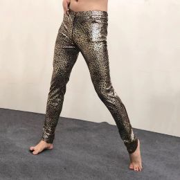 Broek heren jaren '70 Disco Dance Stage Pu lederen broek Sexy Leopard Metallic Stretch Broek Heren Nachtclub Party Prom Pantalones Hombre