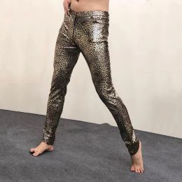 Pants Hommes 70 s Disco danse scène Pu cuir pantalon Sexy léopard métallique Stretch pantalon hommes discothèque fête bal pantalons Hombre