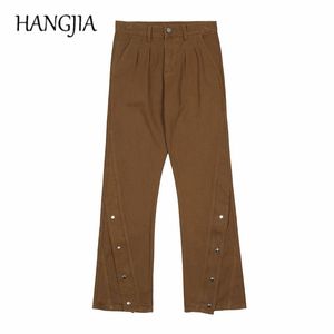 Pantalones para hombre Caqui Microflared Monos Streetwear Moda Casual Pantalones anchos acampanados 2022 Mujeres Color Sólido Diagonal Cremallera Pantalón