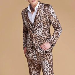 Pantalons pour hommes, combinaisons imprimées léopard Party Wear Social Night Club Tiptime Korean Slim Fit Blazer Pantal