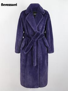 Pantalon Nerazzurri hiver Long violet noir vert moelleux épais chaud fausse fourrure manteau femmes ceintures nouveauté 2022 fourrure pardessus