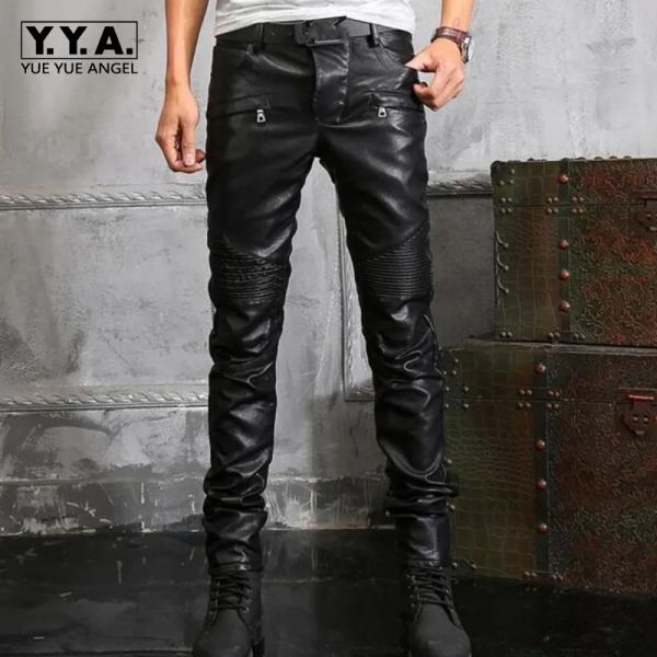 Pantalon nouveauté de haute qualité hommes en cuir Pu rétro moto pantalon homme coupe ajustée pantalon gothique Zip pantalon grande taille 2838
