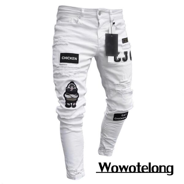 Pantalones nuevos bordados blancos jeans hombres algodón de algodón estirado jeans flacos de alta calidad Hip hop agujeros negros de mezclilla delgada de mezclilla