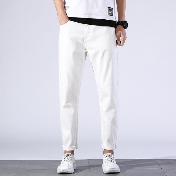 Pantalones nuevos pantalones blancos hombres casuales de ajuste suelto lápiz masculino chicos machos estirados algodón coreano de algodón de talla grande pantalones delgados