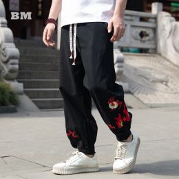 Pantalon Nezha Roue chaude broderie coton lin pantalon de sport chinois plus taille pantalon de survêtement décontracté pour hommes