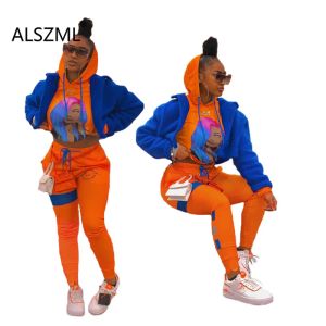 Broek oranje capuchon speciaal ontwerp lange mouw crop top en broek 2 stuks set casual dame mode tracksuits