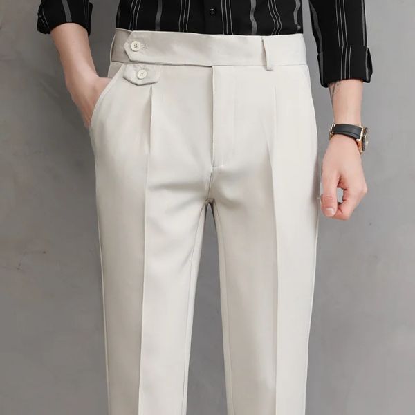 Pantalones plisados finos para hombre, pantalones de traje, negro, blanco, pantalones de vestir blancos ajustados, pantalones para hombre, ropa de estilo coreano de negocios de oficina, verano 2022