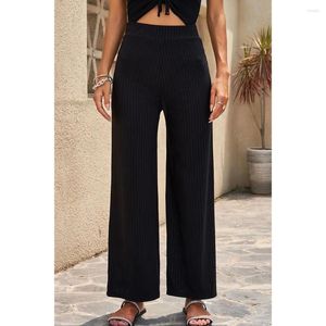 Pantalon grande taille décontracté noir rayé élastique jambe large