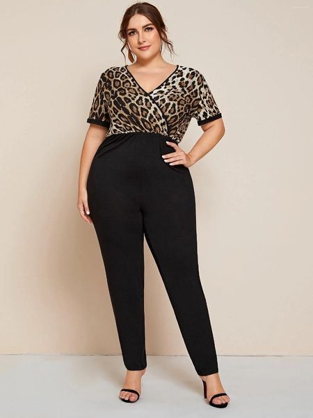 Pantalones de talla grande elegante moda Primavera otoño cuello pico retales de leopardo monos mujer manga corta Casual Color bloqueado 6XL