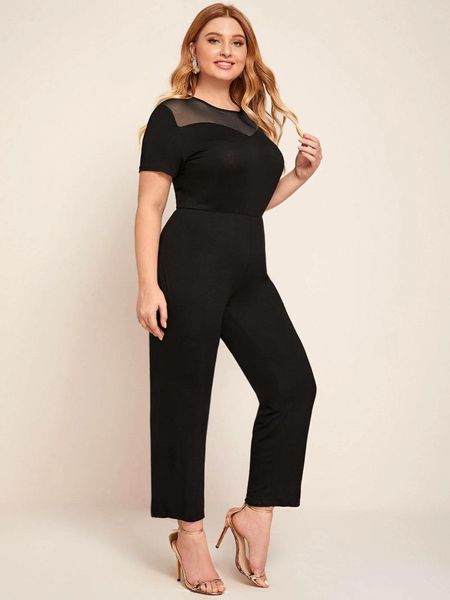 Pantalon grande taille élégant printemps automne maille Patchwork manches courtes combinaisons femmes décontracté solide noir taille élastique 6XL 7XL