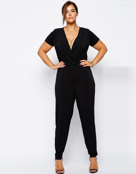 Pantalon grande taille élégant été printemps manches courtes combinaisons femmes solide noir Sexy col en v taille élastique travail bureau