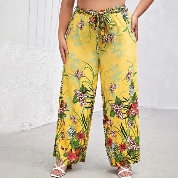 Pantalon grande taille imprimé Floral été élégant jambe Large taille élastique ceintures décontracté jaune Boho pantalon grand 6XL 7XL