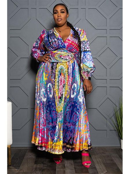 Pantalon grande taille imprimé robe plissée ample femmes sexy col en V profond vintage balançoire manches longues cheville longueur printemps été robes africaines