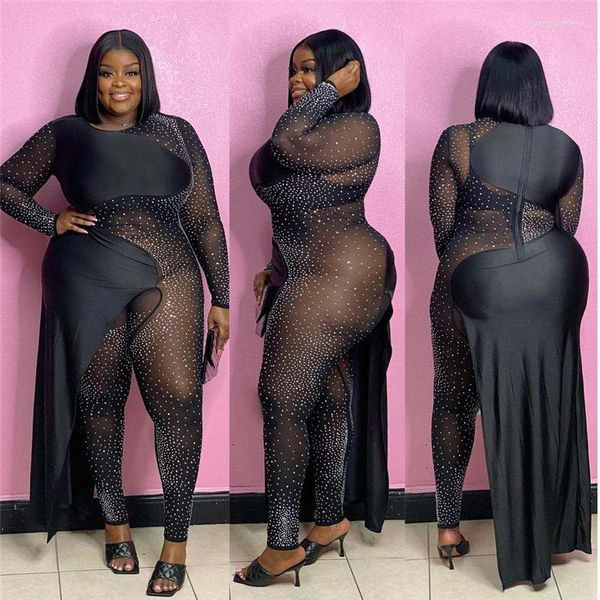 Pantalon grande taille barboteuses pièce tenue vêtements femmes combinaison Sexy une maille body diamants moulante gros goutte