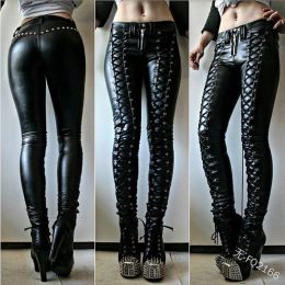 Broek punk gotisch pu lederen potloodbroek heup duw sexy magere veter klinknagel zipper vaste hoge taille lange broek voor vrouwen plus maat