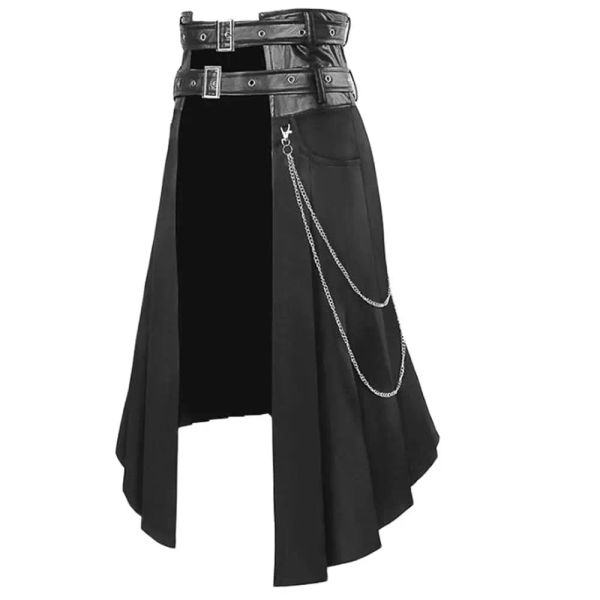 Pantalon punk jupe plissée Open Front Men Gothic Le cuir gothique ceinture médiévale Roman Warrior Kilt Metal Élégant vêtements