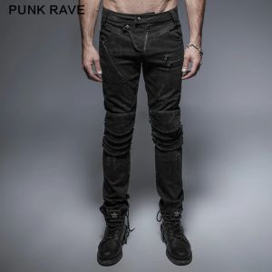 Pantalones PUNK RAVE Punk Rock Visual Kei, pantalones largos negros con cremallera, pantalones decorativos, moda informal, pantalones vaqueros ajustados con armadura hasta la rodilla para hombre