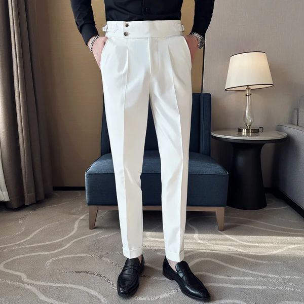 Pantalon Couleur Pure hommes d'affaires robe de mariée pantalon mode conception Unique hommes taille réglable costume pantalon pas de ceinture pantalon mince Homme