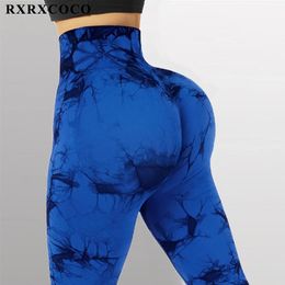 Rxrxcoco Dames Tie Dye Naadloze legging Workout Sport Fiess Yoga Broek Scrunch Butt Lifting-legging voor dames Gym Sportwear