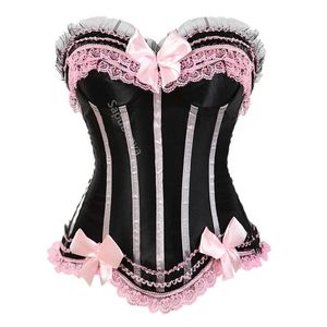 Pantalon Sapubonva Lace Up Corsets Bustiers Top Sexy Satin Overbust Corset Rayé Dames Satin Halloween Grande Taille Rouge Noir Rose Ett