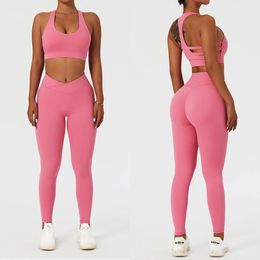 Pantalones Conjunto de yoga sin costuras Trajes de entrenamiento para mujer Chándal 2 piezas Sujetador deportivo Pantalones cortos de cintura alta Conjuntos de mallas de yoga Ropa de gimnasio Fiess