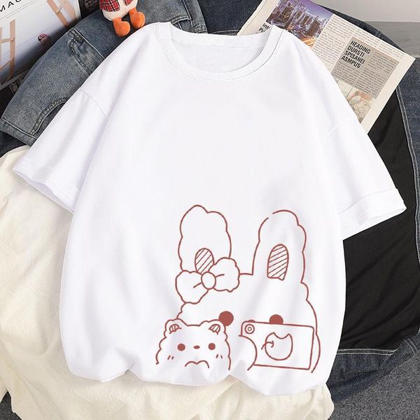 Pantalon Selfie Lapin Kawaii Mignon Anime T-shirt Femmes Décontracté Style Haruku Femme T-shirt D'été Japon Vêtements Blanc T Dessus De Chemise