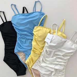 Calças sexy bandeau um pedaço maiô feminino sólido preto banho plissado monokini aberto volta maiô push up cintas estilo coreano