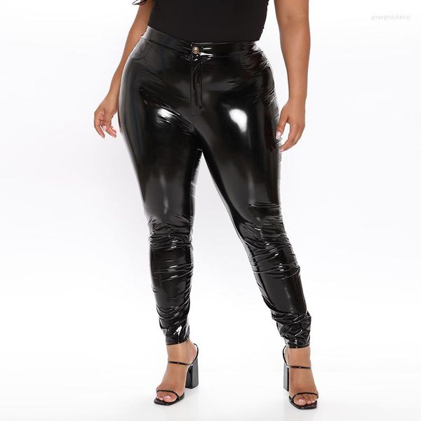 Pantalones Sexy PU Faux Latex Tallas grandes Cuero Delgado Cintura alta Lápiz Pantalón Mujer PVC Botón Elástico Bodycon Leggings Personalizados