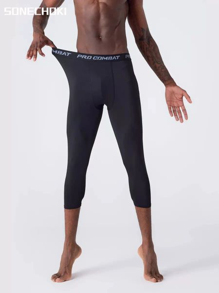 Pantalones compresión de Sonechoki calflenghing hombres que corren medias de baloncesto sólido Legging rápido entrenamiento seco de la cintura pantalones hombres