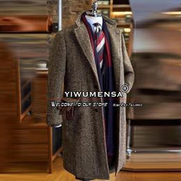 Broek Lente/herfst Bruin Trenchcoat Heren Tweed Wolmix Pak Jassen Visgraat Overjas Lange Mannelijke Kleding Uitloper Abrigo Hombre