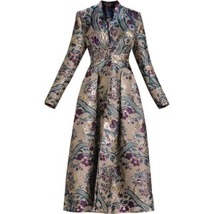 Pantalon Printemps Automne Jacquard Long Manteau Trench Flora Gros Ourlet Veste Indie Folk Robe De Bal Manteau Coupe-Vent Vneck Pardessus Vintage