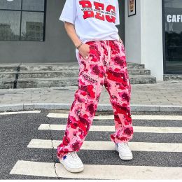 Pantalon Printemps Nouveaux Hommes Lâche Camouflage Pantalon Droit Mâle Harajuku Décontracté Streetwear Imprimé Hip Hop Y2K Rouge Rose Pantalon Cargo