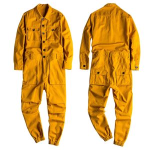 Broek lente overalls heren jumpsuit losse lange mouw katoenen vrachtbroek zwart gele werkkleding broek werkende uniform rompers