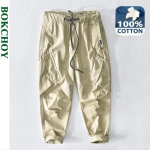 Broek lente zomer nieuwe mannen trekstring vrachtbroek 100% katoen losse multi -zakken vintage leger groene casual broek gaz382