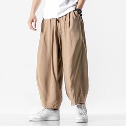 Pantalones Streetwear nuevo algodón Lino mallas tobilleras hombres estilo chino masculino sueltos cómodos pantalones sólidos pantalones Harem con cordones