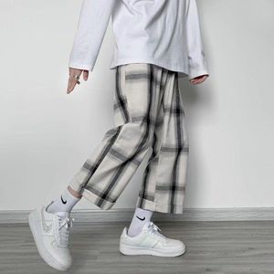 Broek streetwear wide been plaid broek mannen Harajuku mode skateboard broek losse casual anklelengte broek 2022 nieuw