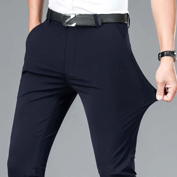 Pantalons Pantalons de costume pour hommes minces d'été avec soie de lait élastique nouveau travail d'affaires pantalons décontractés pour hommes en soie glacée pantalons pour hommes pantalons habillés pour hommes