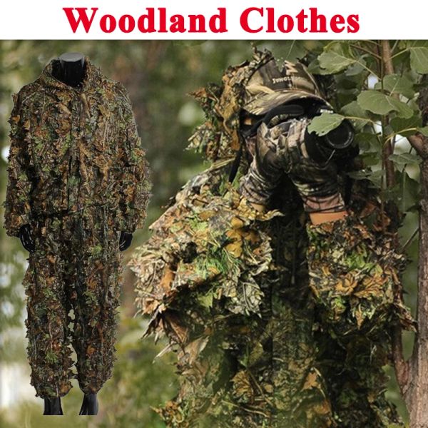 Pantalon Tactical Sniper Woodland 3D Leaf Ghillie costumes hommes camouflage de chasse de chasse Jungle Airsoft Paintball Clothes Shirt + Pantalon