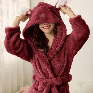 Pantalon Épaissir Robes Floues Peignoir Longues Femmes Oreille Mignonne Robe À Capuchon Chaud Lapin Flanelle Kimono Robe De Bain Robe De Chambre Veet Vêtements De Nuit