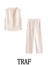 Broek traf 2023 2 stuks sets mode mode met borsten met borsten blazer vest tops + hoge taille flare lange broek zomer causaal woon -werkverkeer slanke sets